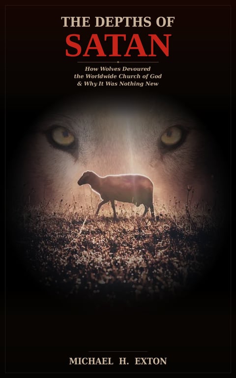 Book cover for The Depths of Satan by Michael H. Exton, featuring a wolfs face with glowing eyes and a small lamb in the foreground.
