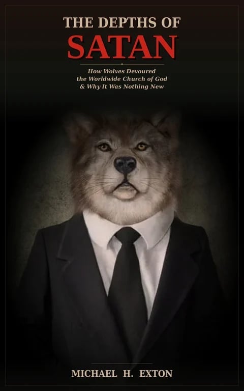 Book cover titled The Depths of Satan featuring a wolf in a business suit and tie against a dark background