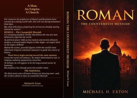 ROMAN: The Counterfeit Messiah book cover featuring silhouette of figure against glowing Vatican cityscape at sunset