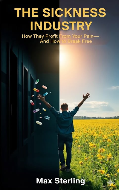Book cover for The Sickness Industry by Max Sterling showing a person with raised arm transitioning from dark building to sunlit field with scattered medication pills