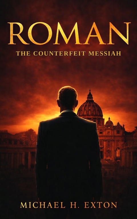 Book cover for Roman: The Counterfeit Messiah by Michael H. Exton. Silhouette of man in suit facing St. Peters Basilica at sunset.