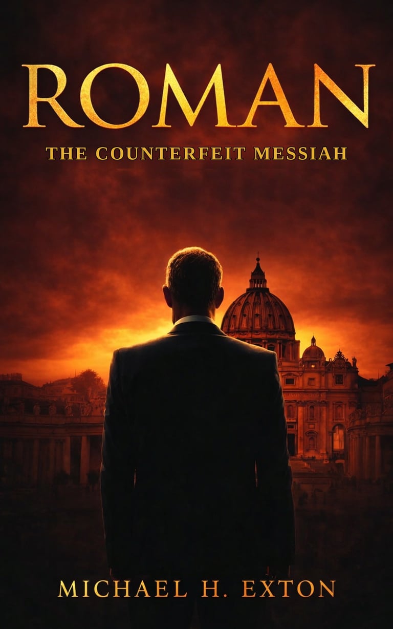 Book cover for Roman: The Counterfeit Messiah by Michael H. Exton, showing silhouette of man facing St. Peters Basilica at sunset