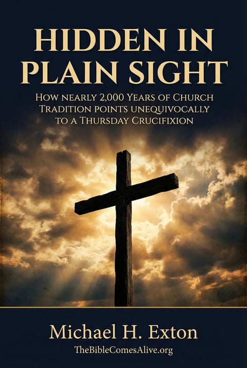 Book cover showing a silhouetted cross against a dramatic golden sky with storm clouds. Title reads Hidden in Plain Sight by Michael H. Exton.