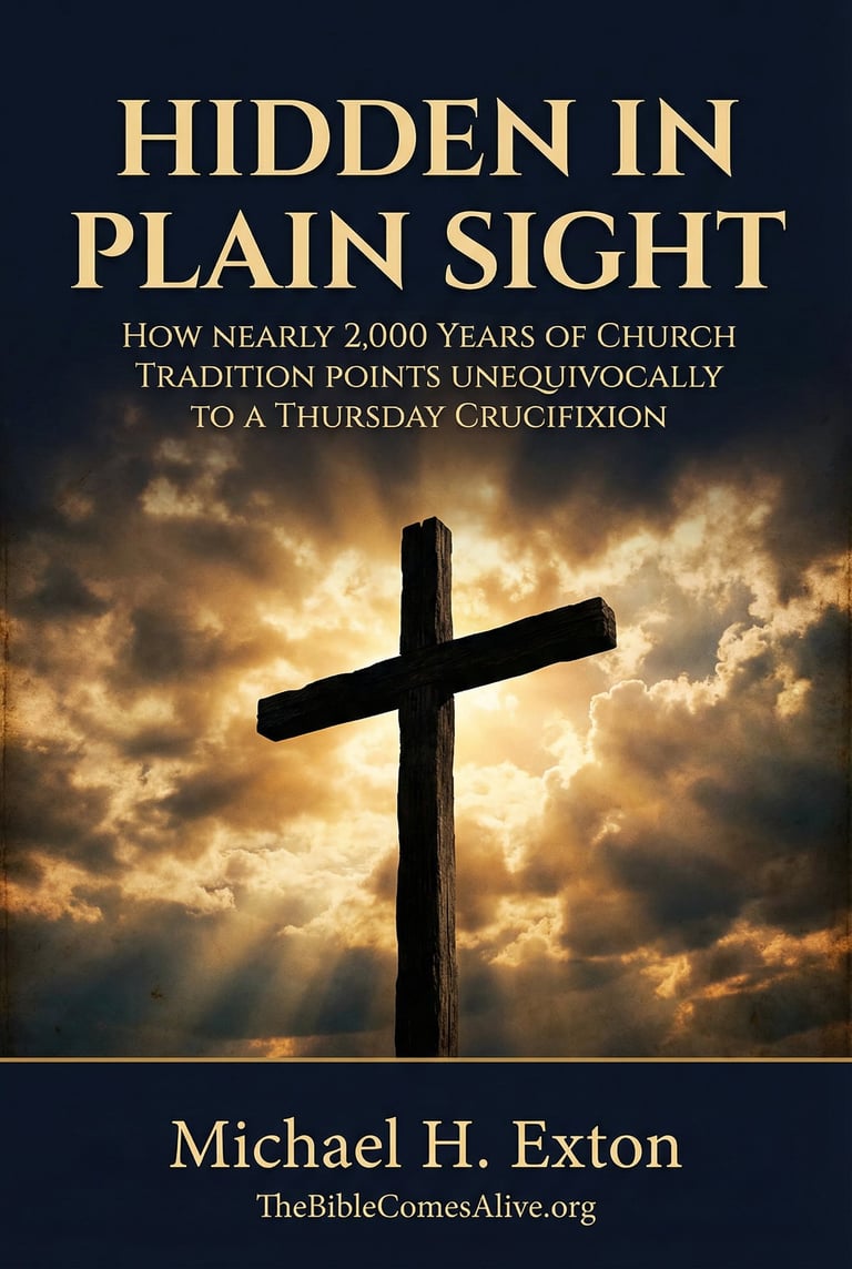 Book cover Hidden in Plain Sight by Michael H. Exton featuring a silhouetted cross against a dramatic golden sky with clouds