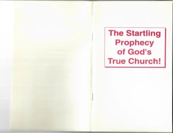 Open book showing inside cover with pink text reading The Starting Prophecy of Gods True Church