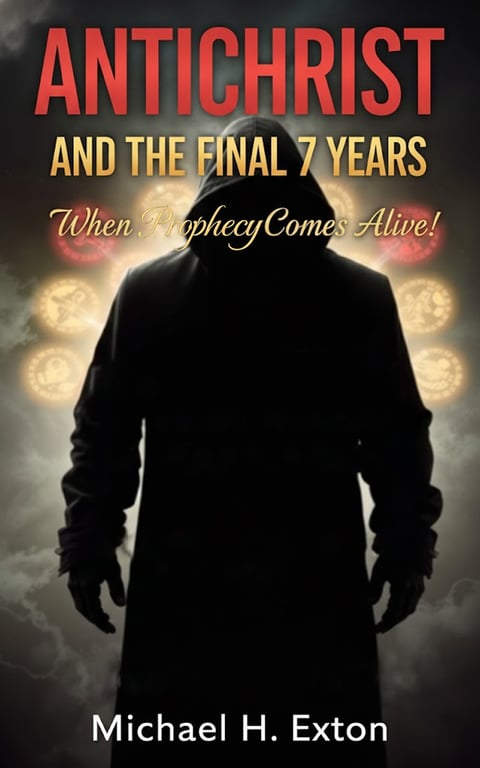 Book cover for Antichrist and the Final 7 Years by Michael H. Exton, featuring a silhouetted figure against a glowing background with dramatic apocalyptic imagery