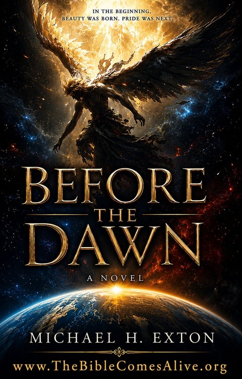 Book cover for Before the Dawn by Michael H. Exton featuring a winged celestial figure with golden light emerging from above a glowing Earth in space