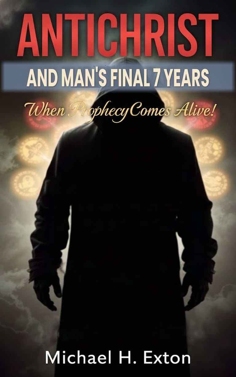 Book cover titled Antichrist and Mans Final 7 Years with silhouette of figure against glowing background, author Michael H. Exton