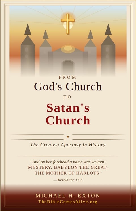 Book cover with cathedral silhouettes at sunset, golden cross above, titled From Gods Church to Satans Church by Michael H. Exton, featuring a Bible verse from Revelation