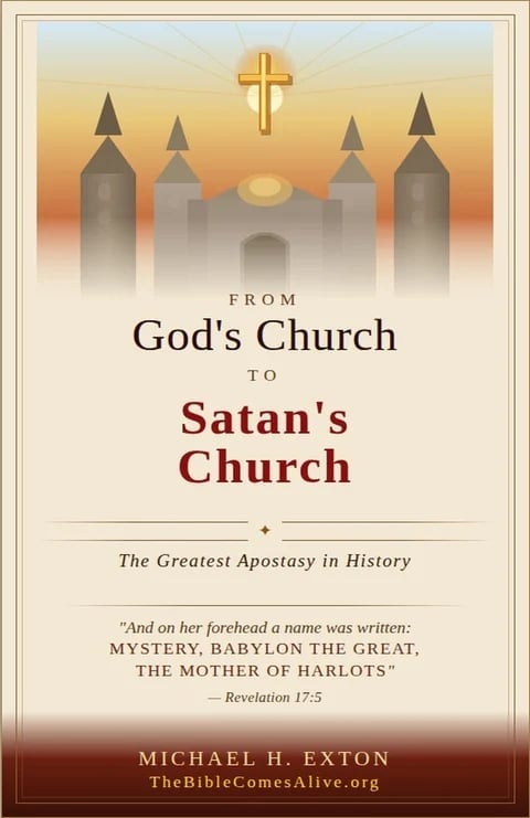 Book cover with golden cross and church silhouettes at sunrise, titled From Gods Church to Satans Church by Michael H. Exton