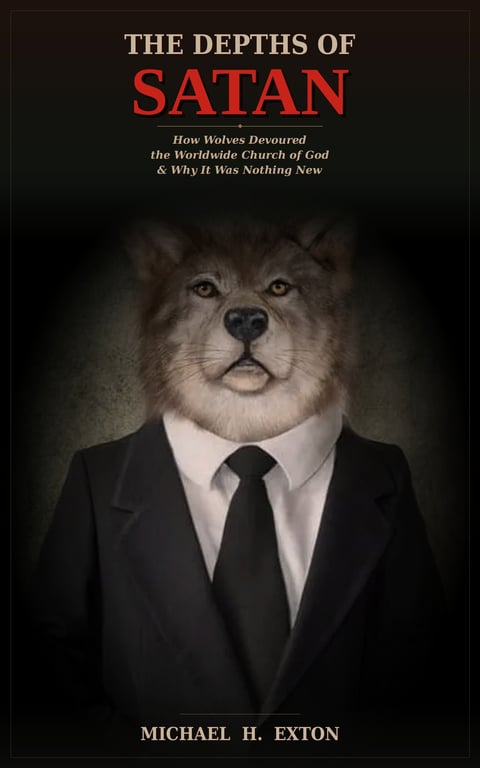 Book cover of The Depths of Satan by Michael H. Exton featuring a lions head in a black business suit against a dark background