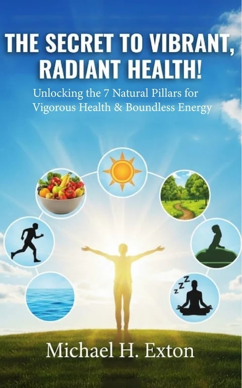 Book cover showing a yellow silhouette with arms raised surrounded by icons representing nutrition, exercise, nature, water, sleep, and meditation, with sun and sky background