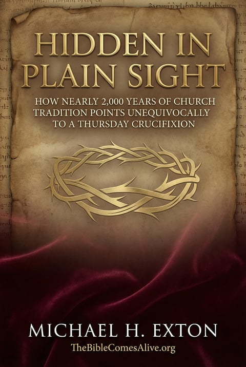 Book cover for Hidden in Plain Sight by Michael H. Exton featuring a crown of thorns emblem on aged parchment background with burgundy accents