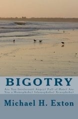 Book cover of Bigotry by Michael H. Exton featuring a beach scene with people and waves at sunset or dusk